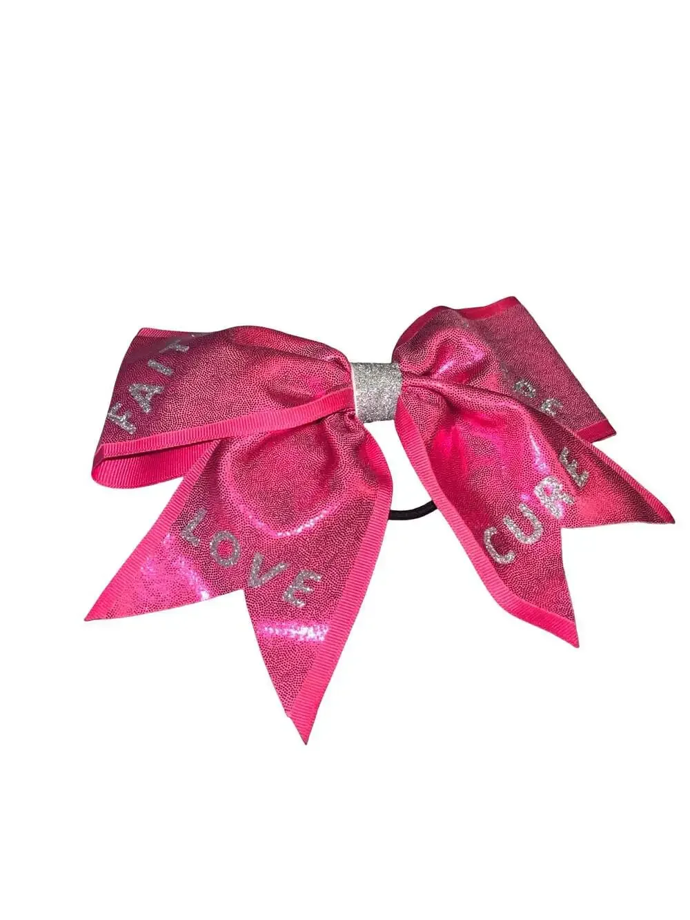 Pink Glitter Cheer Hair Bow with Faith Hope Love Cure Rhinestone Accents